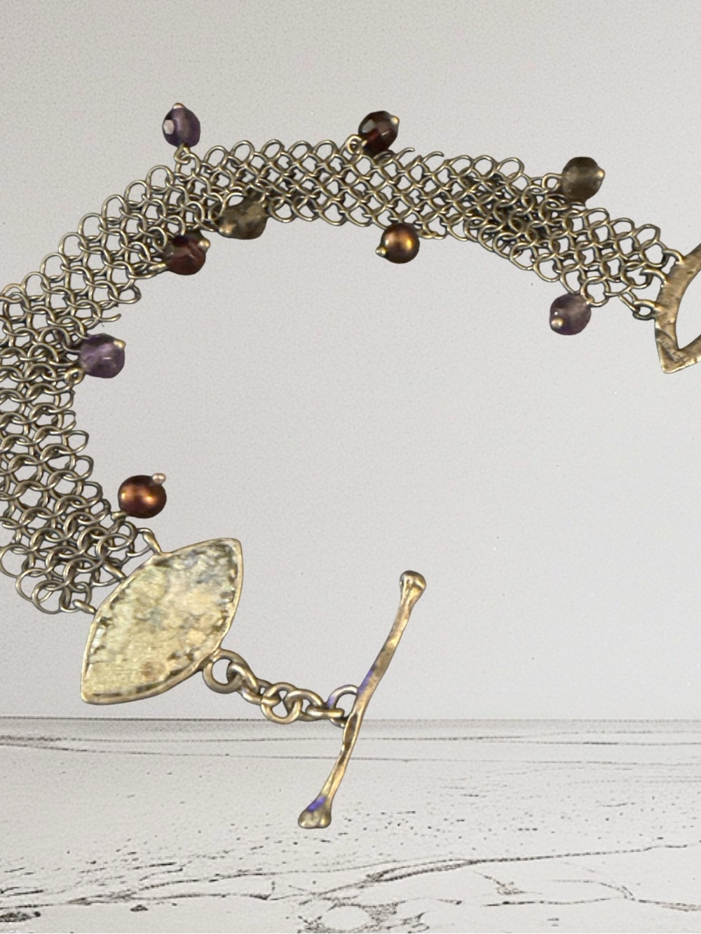 Gorgeous! Vintage 925 S Silver Roman Glass Artisan Bracelet 7” Gemstone Fringe